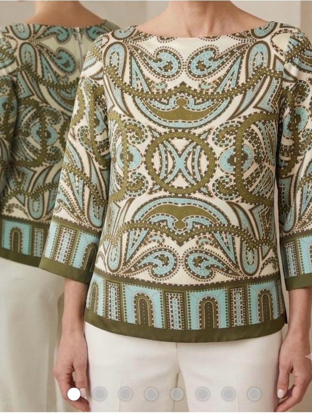 J. Crew Olive and Light Blue Paisley-Print Boatneck Blouse 100#SILK